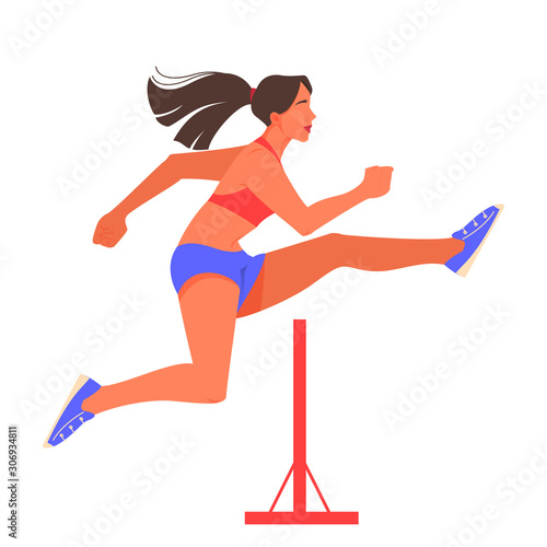 Vector illustration of female athlete hurdling. Running competition