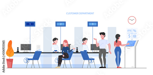Bank office conept. People make financial operations, taking credit
