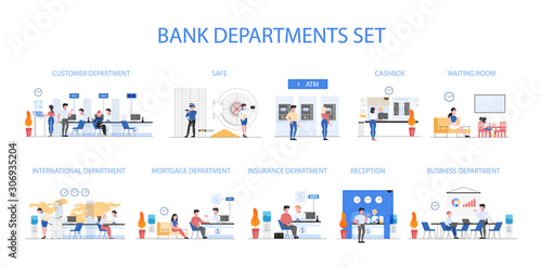 Bank departments set. People make financial operations in bank department.