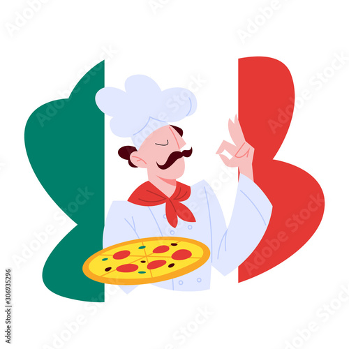 Vector illustration of Italian chef holding a pizza against Italian flag