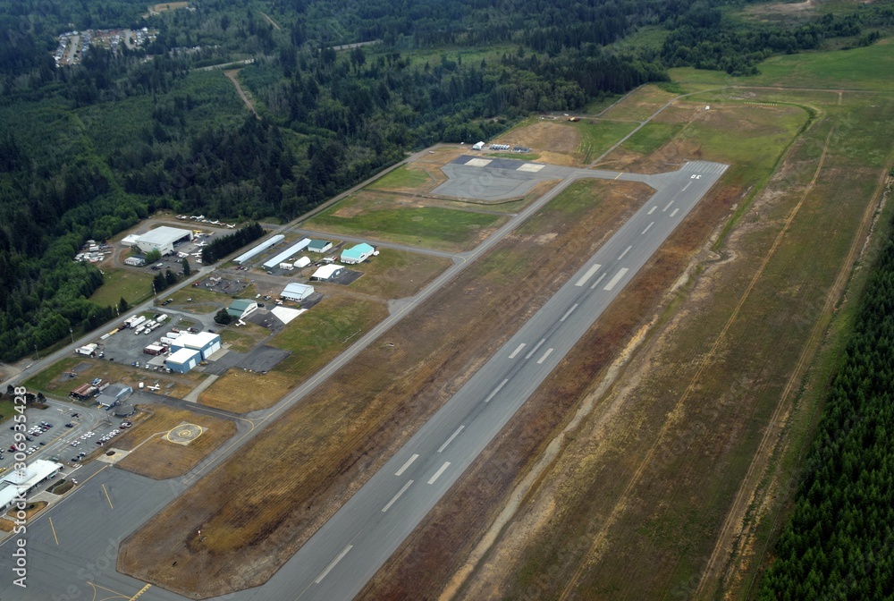 aerial view of the airport and airfield in Campbell River, Vancouver Island, BC Canada
