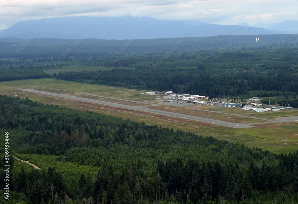 aerial view of the airport and airfield in Campbell River, Vancouver Island, BC Canada