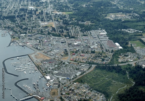 aerial view of the harbour and downtown area, Campbell River; Vancouver Island BC Canada