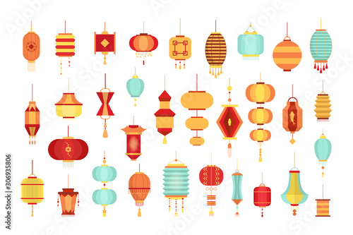 Set of various Chinese lanterns of diffrent collors and shapes.