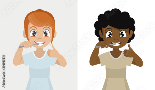 Cartoon character Poses, Little girl cleans teeth.