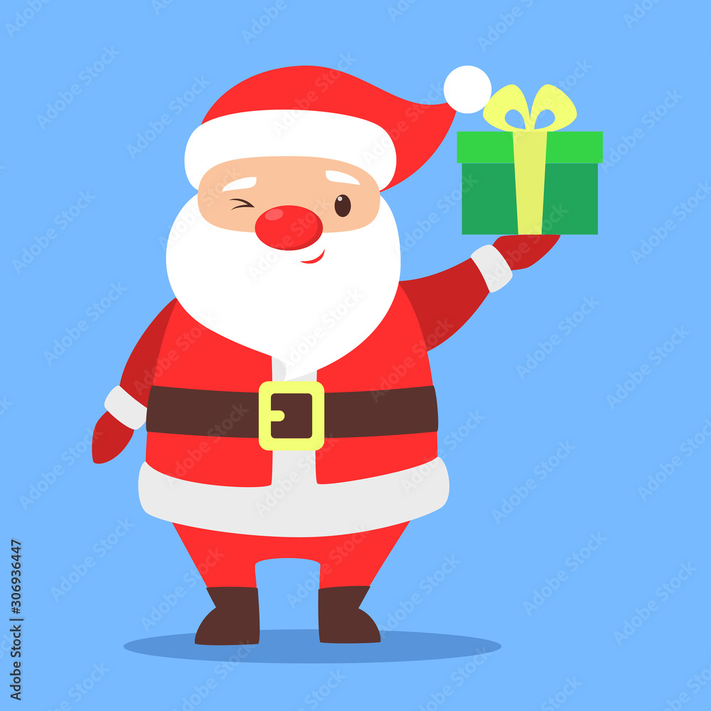 Happy funny Santa Claus in red clothes holding gift box. Happy funny Santa Claus in red clothes holding gift box.
