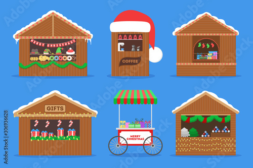 Christmas market vector illustration. Festive food and holiday decoration.