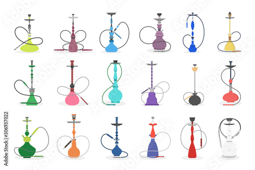 Set of vector illustration of various hookah. Collection of colorfull hookahs