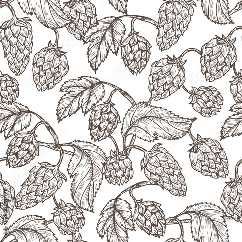 Hand drawn engraving style Hops Seamless pattern. Common hop or Humulus lupulus branch with leaves and cones. Black and white Vector Floral background