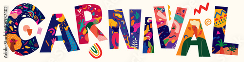 Beautiful holiday vector illustration with text Carnival. Design for holiday celebration, Brazil Carnival, festival or party