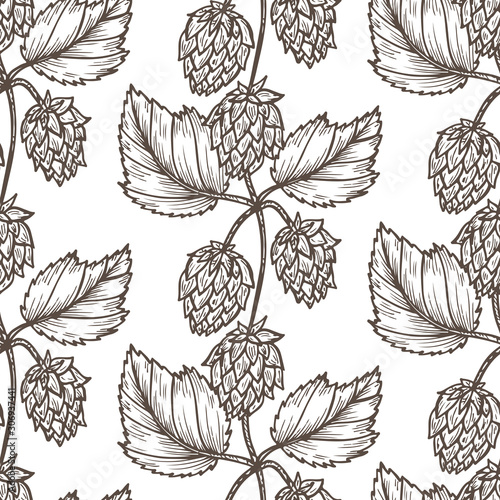 Hand drawn engraving style Hops Seamless pattern. Common hop or Humulus lupulus branch with leaves and cones. Black and white Vector Floral background