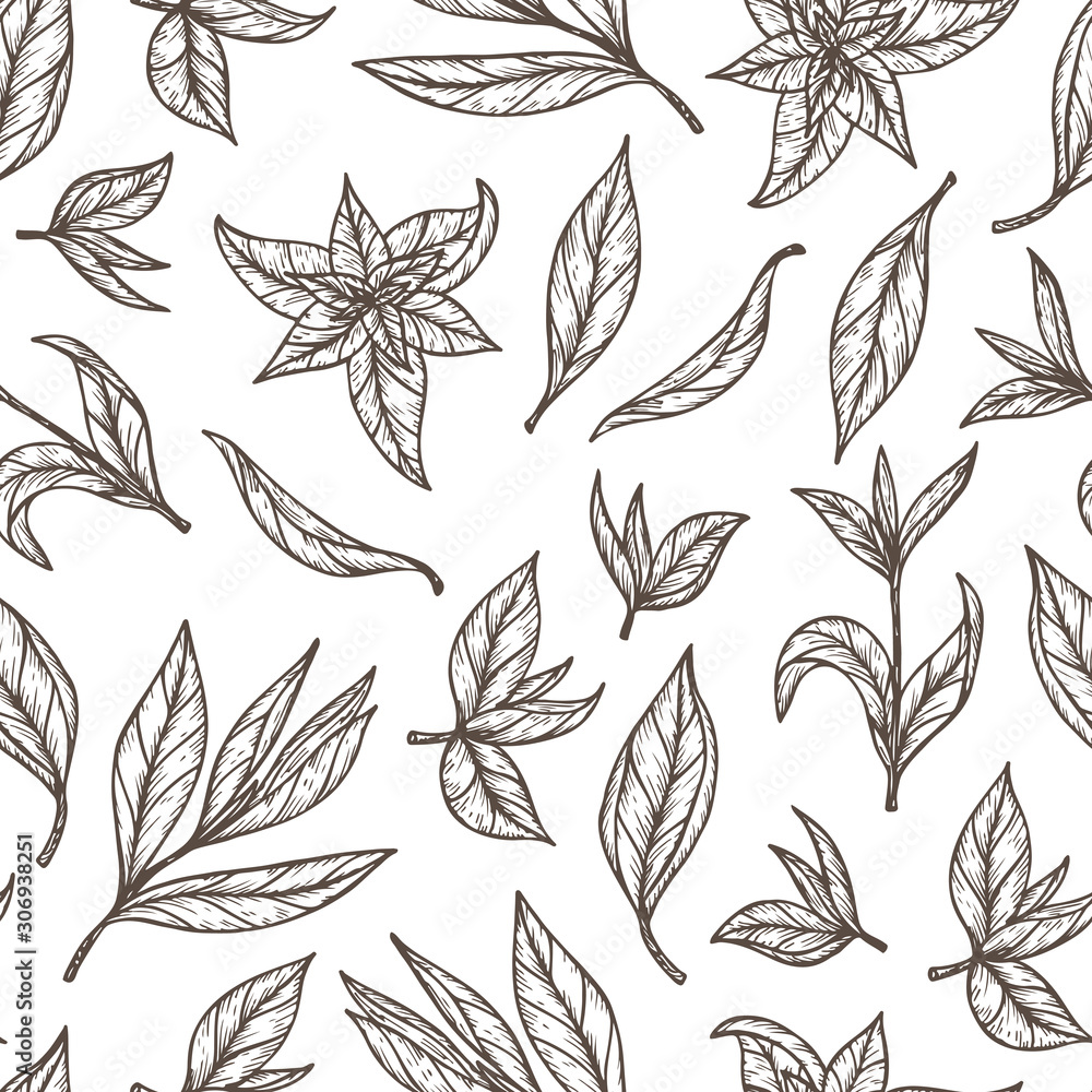 Hand drawn engraving style Green tea leaves Seamless pattern. Vector illustration