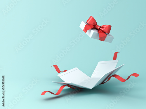 Open present box or gift box with red ribbons and bow isolated on green blue pastel color background with shadow 3D rendering photo