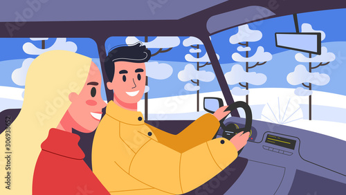 Vector illustration of people inside their cars. Male character driving