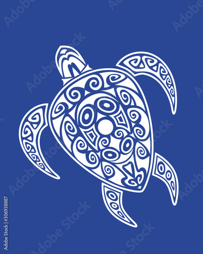 Fototapeta Naklejka Na Ścianę i Meble -  Sea turtle in the Maori style. Blue background. Vector ornament.