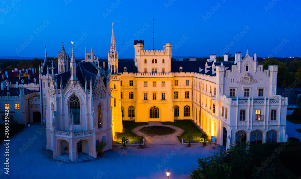 Aerial view of illuminated Lednice Palace, Czech Republic