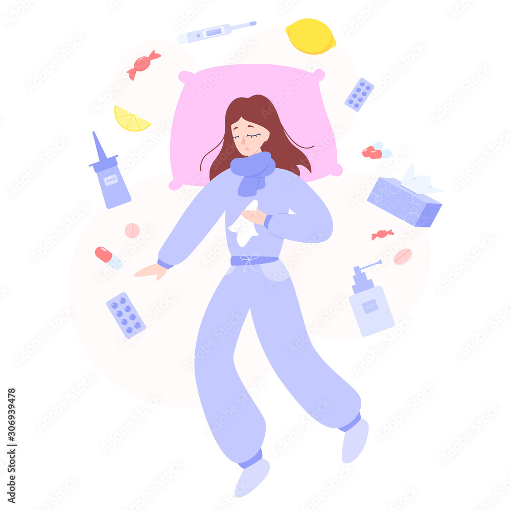 Healthcare and medical treatment concept. Ill female caracter Healthcare and medical treatment concept. Ill female caracter