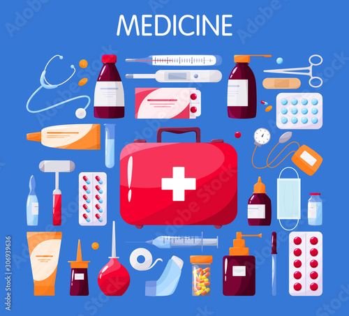 Medical tools set with syringe and amp. Stethoscope and thermometer