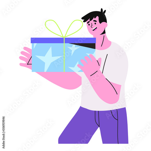 Vector illustration of lucky man winning a gift or a present isolated on a white background. The concept of bonus or special offer, promotional marketing. Male character for banner and advertisment.