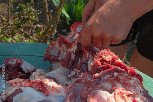 male hands cut, cut meat raw meat