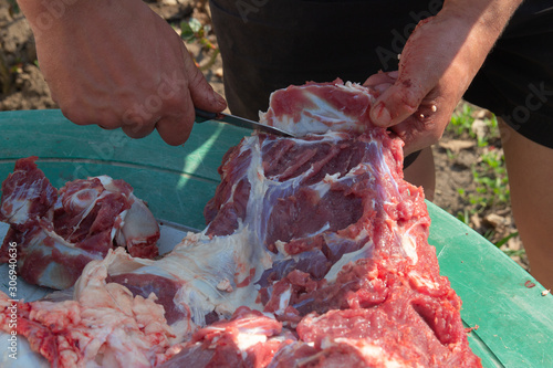 male hands cut, cut meat raw meat