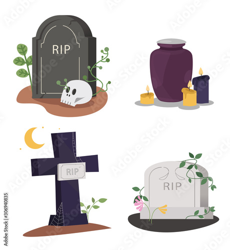 Set of tombstones on the grave. Collection of monument shape with rip text and funeral urn. Vector illustration on a white background.