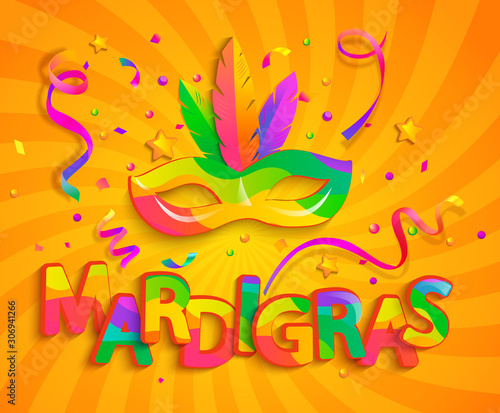 Mask with feathers for Mardi gras carnival party.Mardigras festive,carnaval.Traditional masque for carnival, fesival,masquerade,parade.Template for design invitation,flyer poster,banners. Vector.