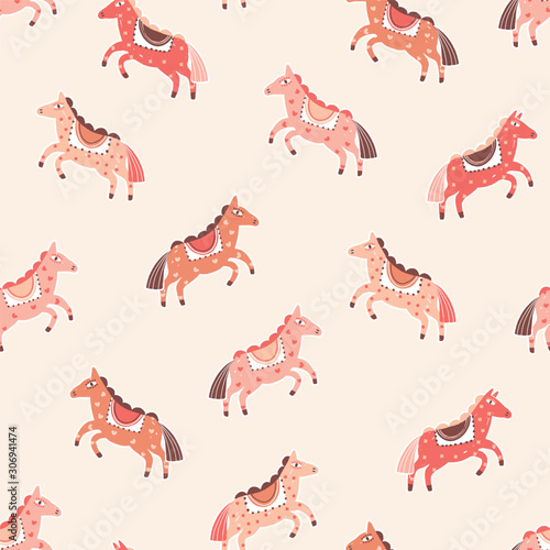 Pink horses vector seamless pattern