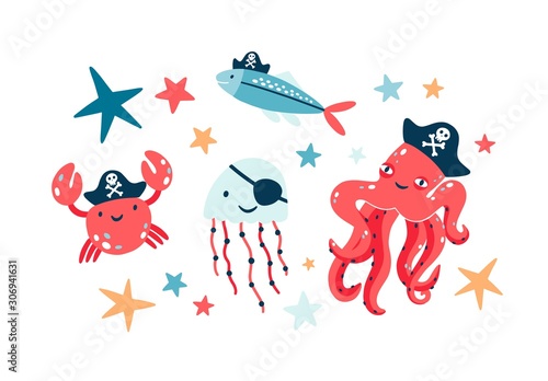 Pirate fish illustrations set. Undersea world habitants wearing pirate eyepatches and black bandanas isolated on white background. Octopus crab and jellyfish colorful cartoon characters collection.