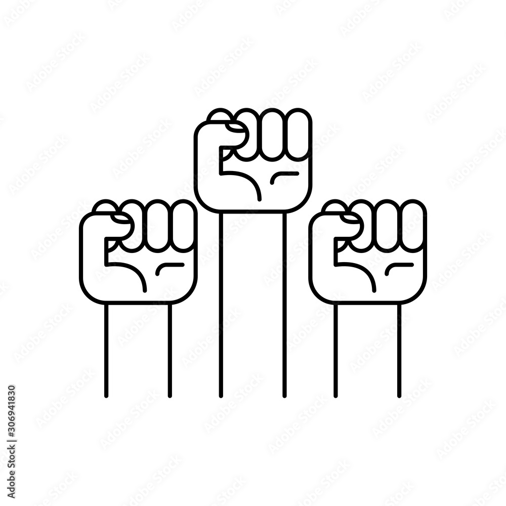 Obraz premium Raised fists. Protesters hands. Crowd of people. Outline thin line flat illustration. Isolated on white background. 