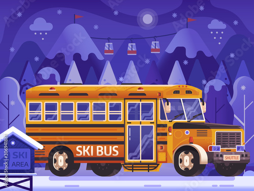 Yellow Ski Bus Shuttle on Winter Background