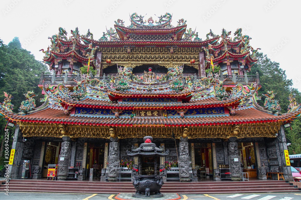 Alishan national park ; Taiwan-October 14,2018:The Alishan Shouzhen temple is beautiful temple in Alishan national park in Taiwan