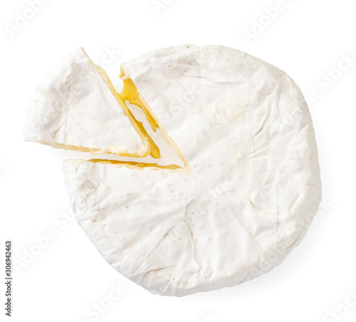 Cheese with white mold, cut a triangle on a white background. The view of top.