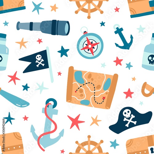 Pirate sea flat vector seamless pattern