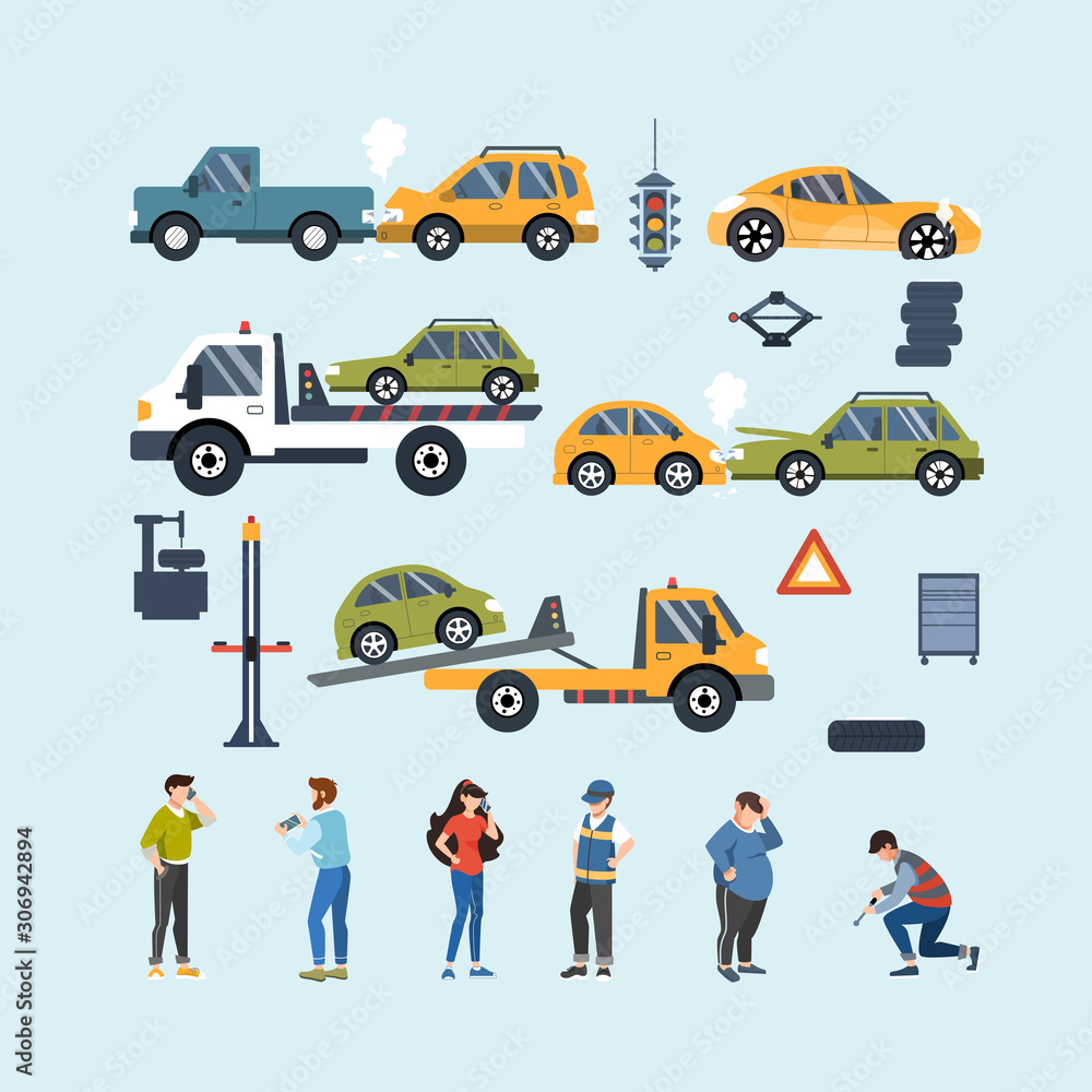 Fototapeta premium Set of car accident and road assistance concept elements. Motor Insurance. Flat vector illustration.