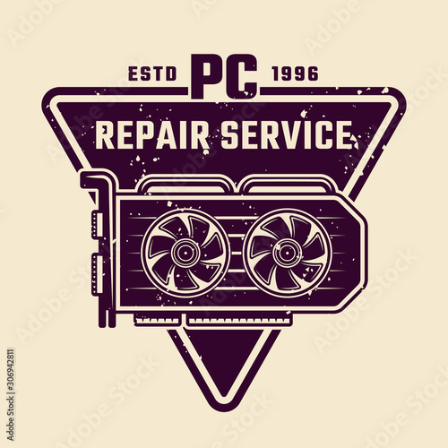 Computer repair service vector emblem or badge