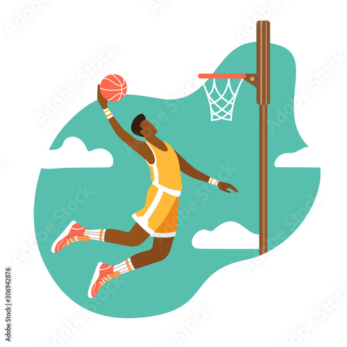 Basketball player throws the ball in the ring. Flat vector illustration.