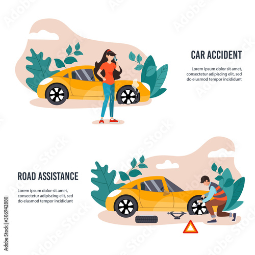 Girl calling road assistance for help. Burst wheel. Mechanic changing wheel on a roadside. Road assistance banner concept. Flat vector illustration.