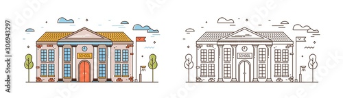 School linear vector illustration. Modern educational institution exterior isolated on white background. Primary education building. Academic campus with flag outline design element.