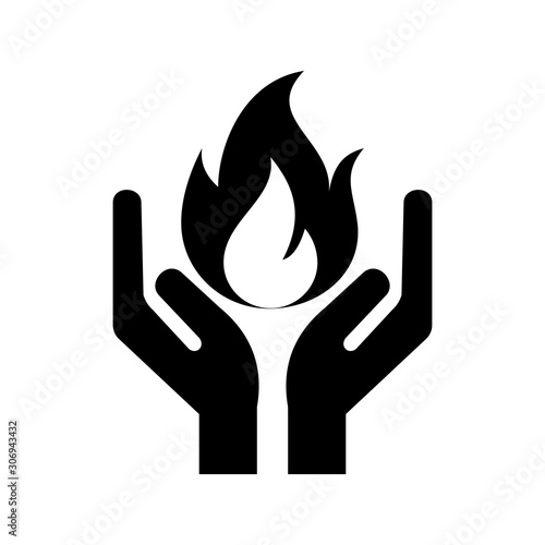 Hands holding a fire flame. Flat illustration. Isolated on white background. 