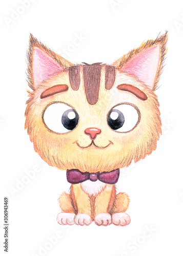 Cute cartoon cat with a bow with a big head and cute eyes on a white background