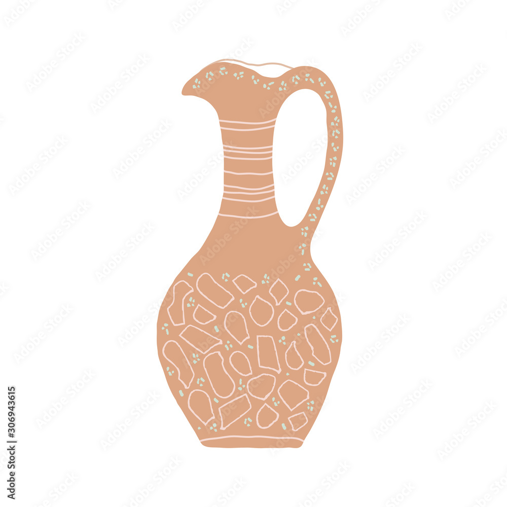 Beige amphora with terrazzo mosaic isolated on white background in hand style. Antique jug with one handle. Vector stock illustration.