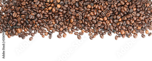 Frame of coffee beans isolated on white background  top view