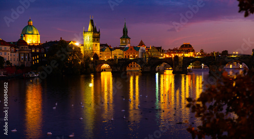 Evening view of Charles Bridge with illumination. Prague. Czech Republic © JackF