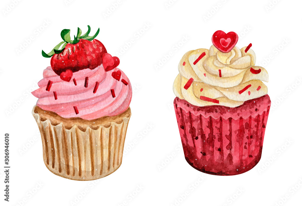 Watercolor illustration of sweet and tasty cupcakes with cream Delicious food illustration. Watercolor illustration of sweet and tasty cupcakes with cream Delicious food illustration.