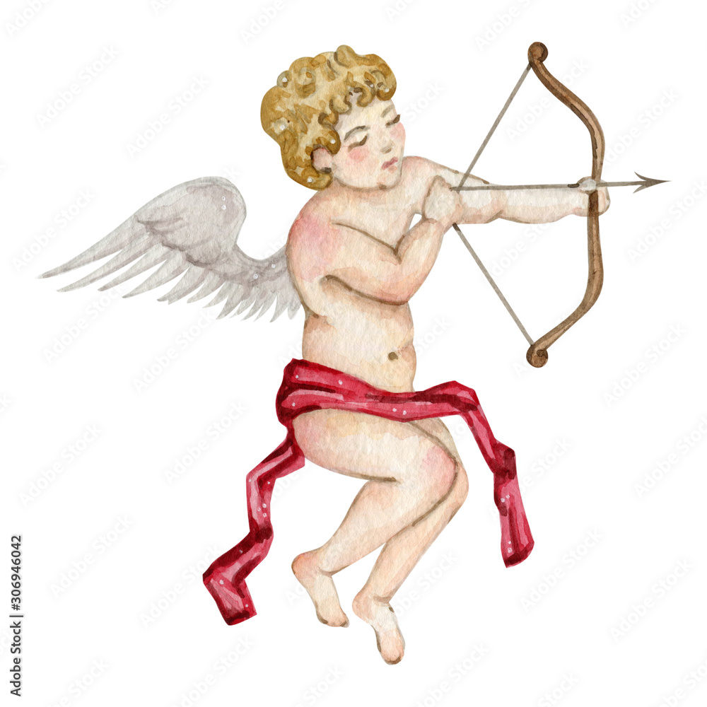 Watercolor illustration of cute little angels cupids