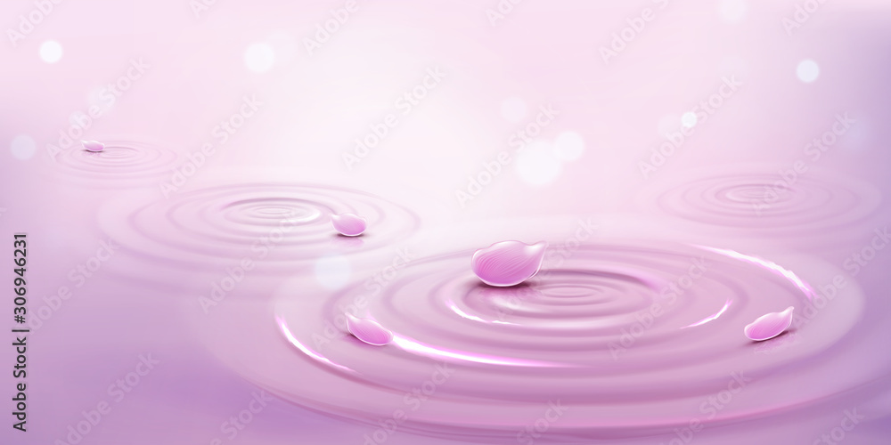 Circles on water and pink flower petals. Liquid surface with diverging rings, whirls and splashes with blurred sparkles. Ripples on sea background made of thrown stone Realistic 3d vector illustration Circles on water and pink flower petals. Liquid surface with diverging rings, whirls and splashes with blurred sparkles. Ripples on sea background made of thrown stone Realistic 3d vector illustration