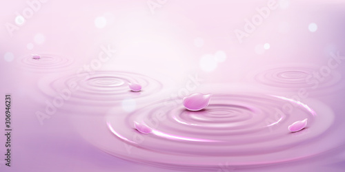 Circles on water and pink flower petals. Liquid surface with diverging rings, whirls and splashes with blurred sparkles. Ripples on sea background made of thrown stone Realistic 3d vector illustration