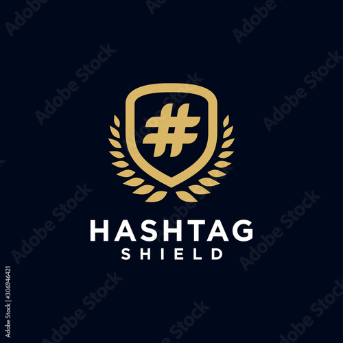 Hashtag shield logo design vector, showing shield icon with hashtag icon, for college, education, academy, group, etc