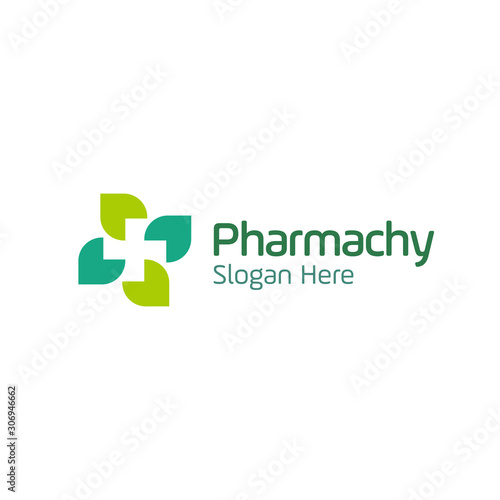unique pharmacy logo with leaves and cross icon on negative space. eco, bio, organic, healthy